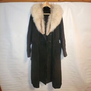 Vintage Suede Leather Long Elegant Black Coat with Luxurious Fox Fur Collar
